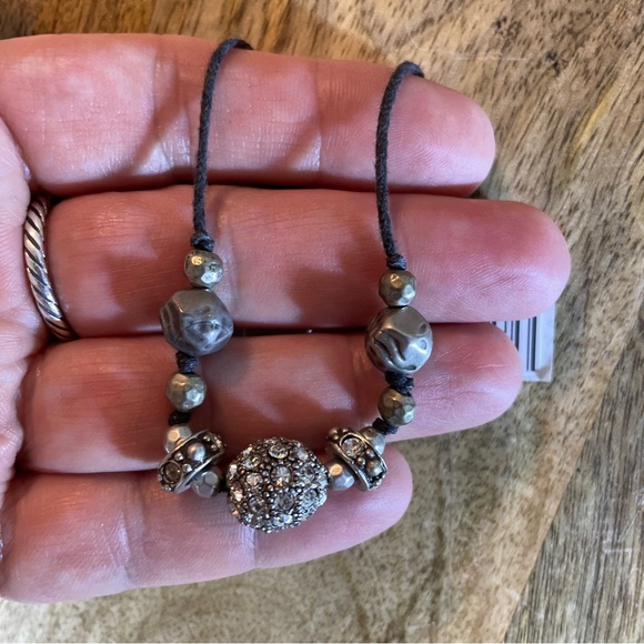 Adjustable Black String Bracelet Rhinestone Pearl Silver Tone Beads LARGE Wrist - Picture 3 of 14